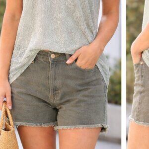 Zenana Washed Olive Green Stretch Jean Shorts XL Frayed Hem Casual Summer